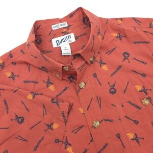 Duluth Untucked Mens XL Slim Red Short Sleeve BBQ Grilling Print Button Up Shirt